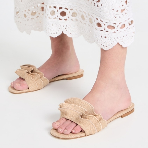 Larroude Ivy Ruffle Sandals in Demin Stone Blue - Picture 2 of 4